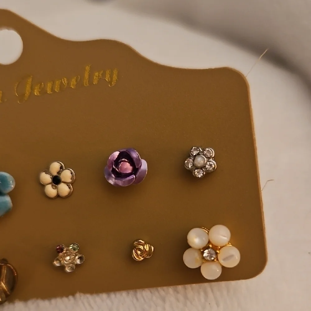 Vintage Eight Single and Two Pair Floral and Leaf Earring Set